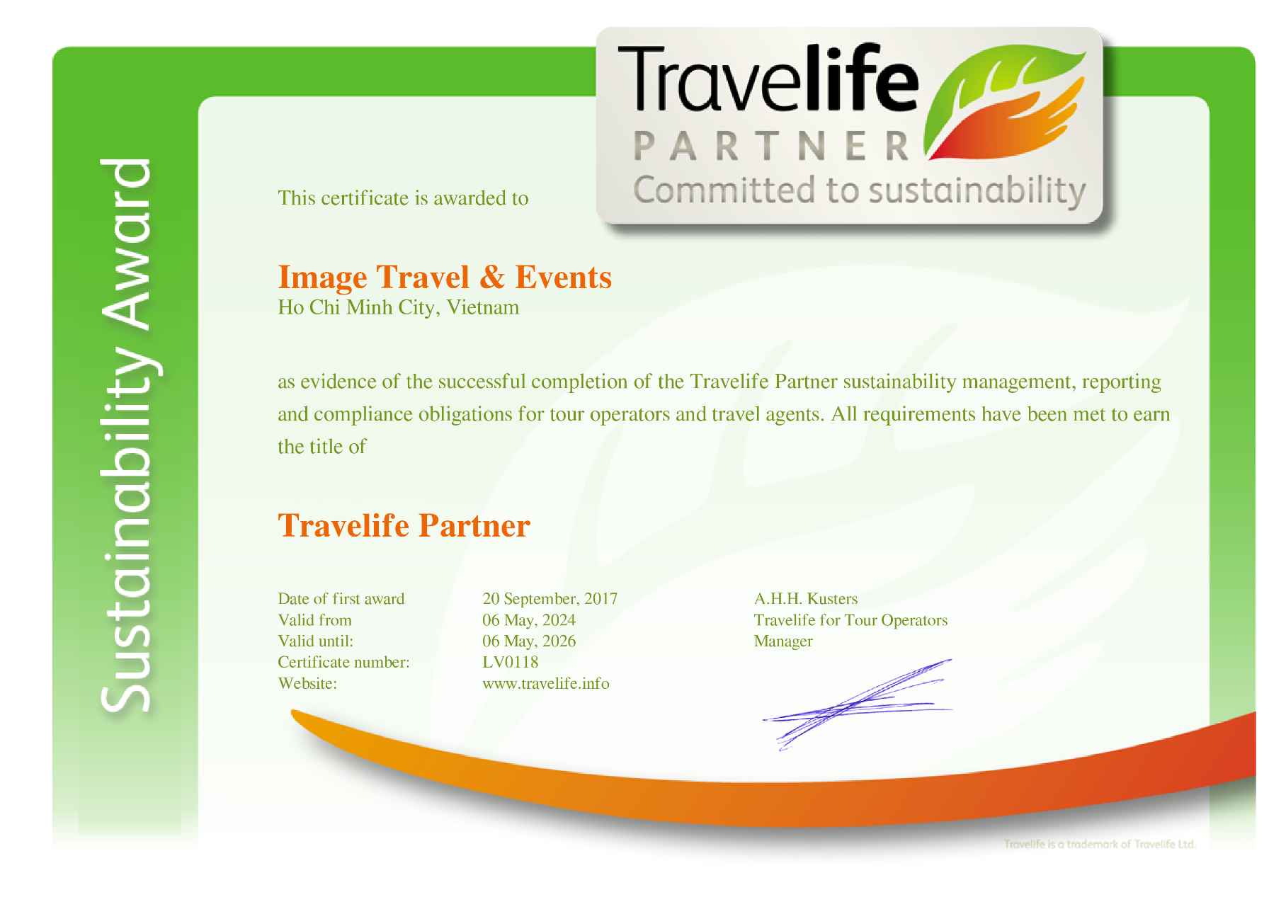 Prix tourisme durable Travelife partner pour IMAGE Travel DMC